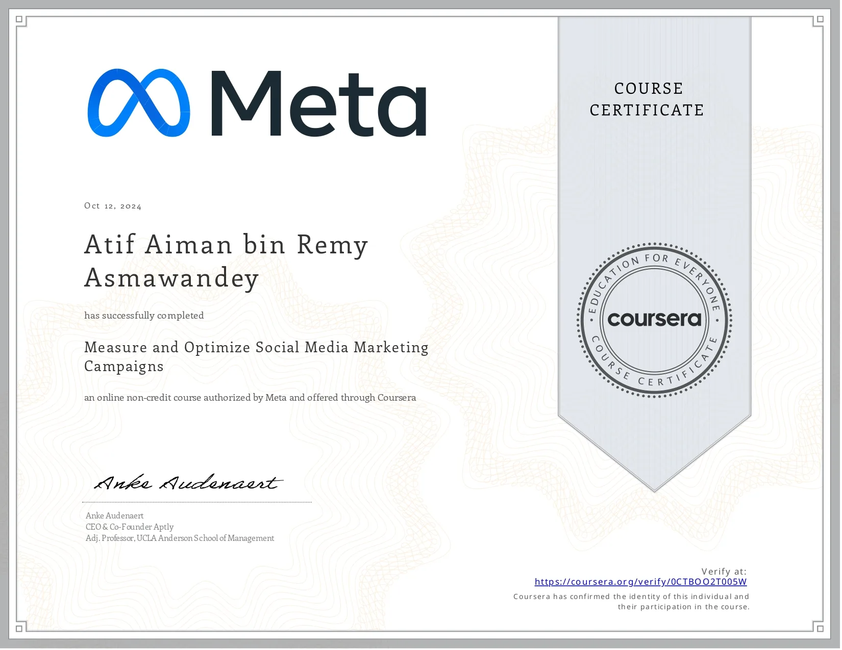 Certificate of Meta Measure and Optimise Social Media Marketing Campaigns