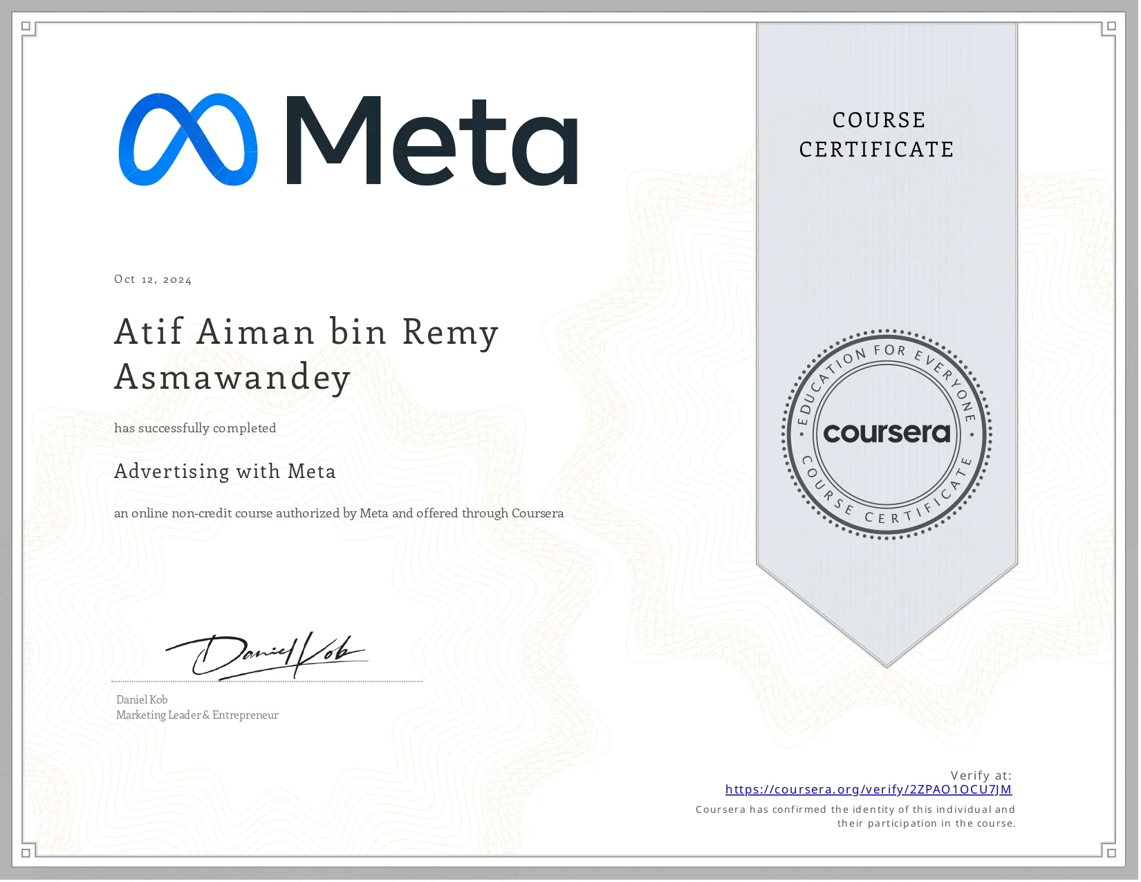 Certificate of Advertising with Meta