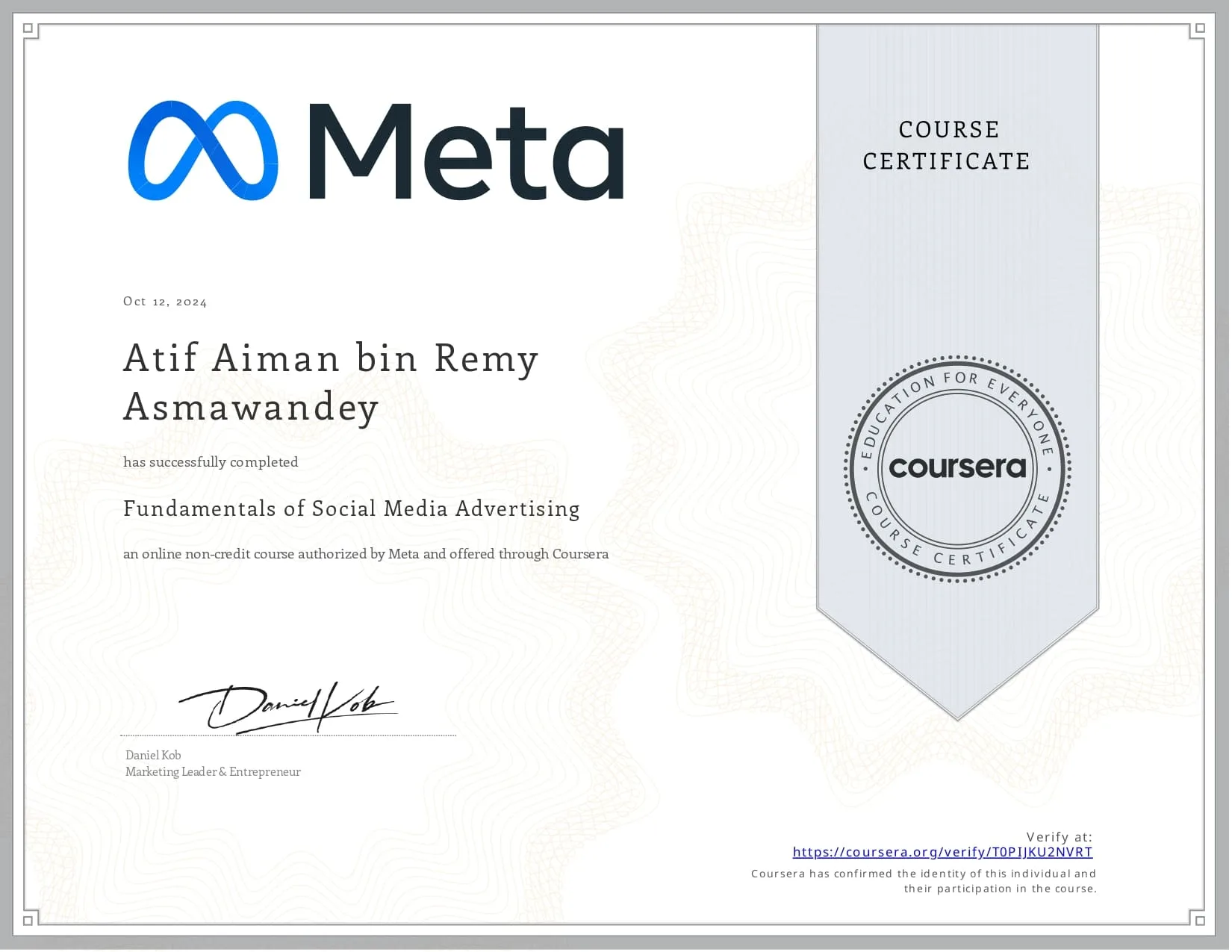 Certificate of Meta Fundamentals of Social Media Advertising