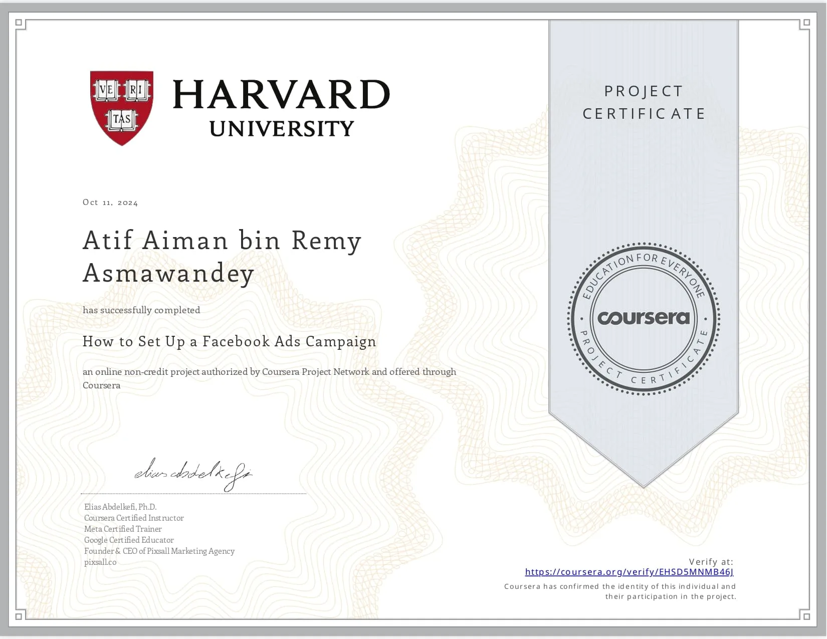 Certificate of Harvard University Facebook Campaign Ads