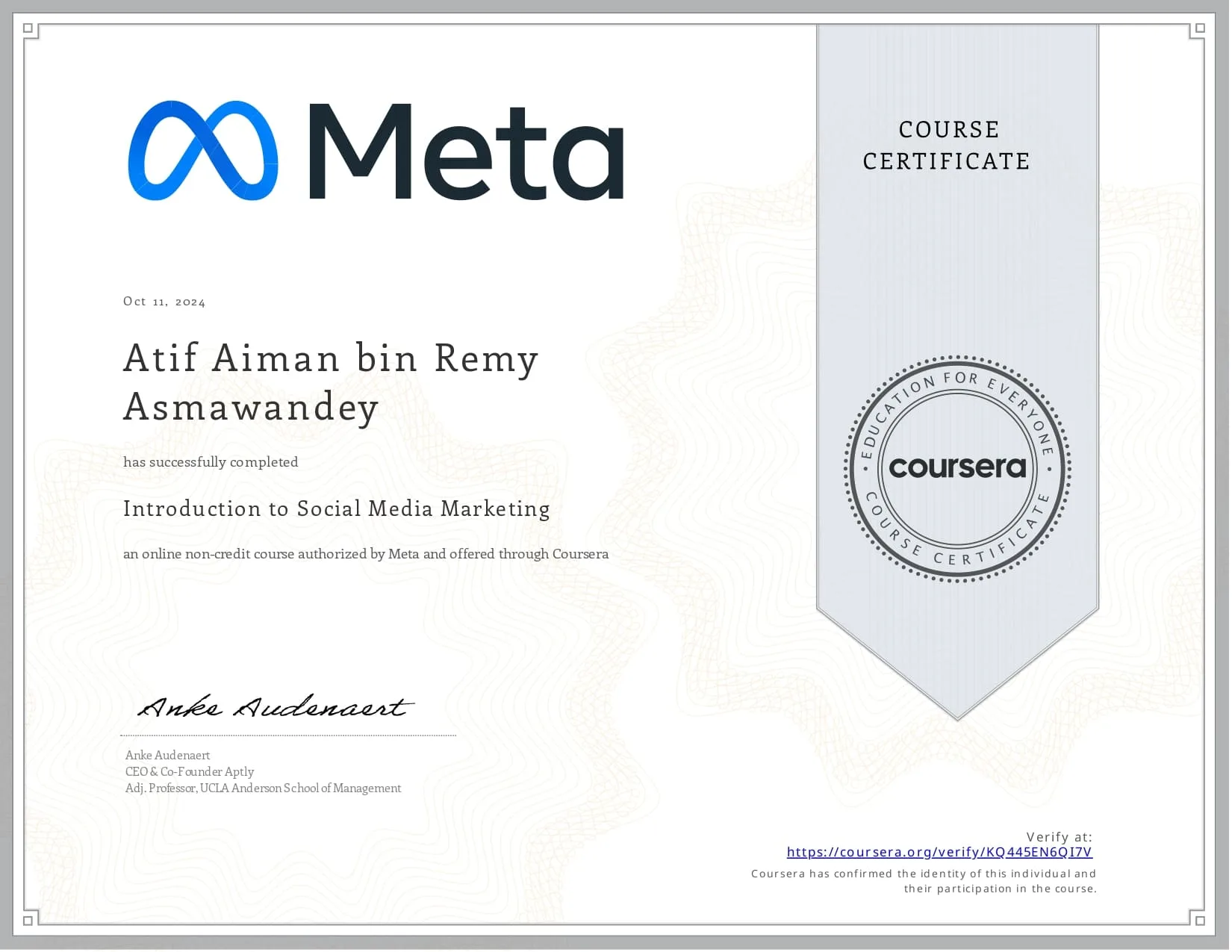 Certificate of Social Media Marketing from Meta