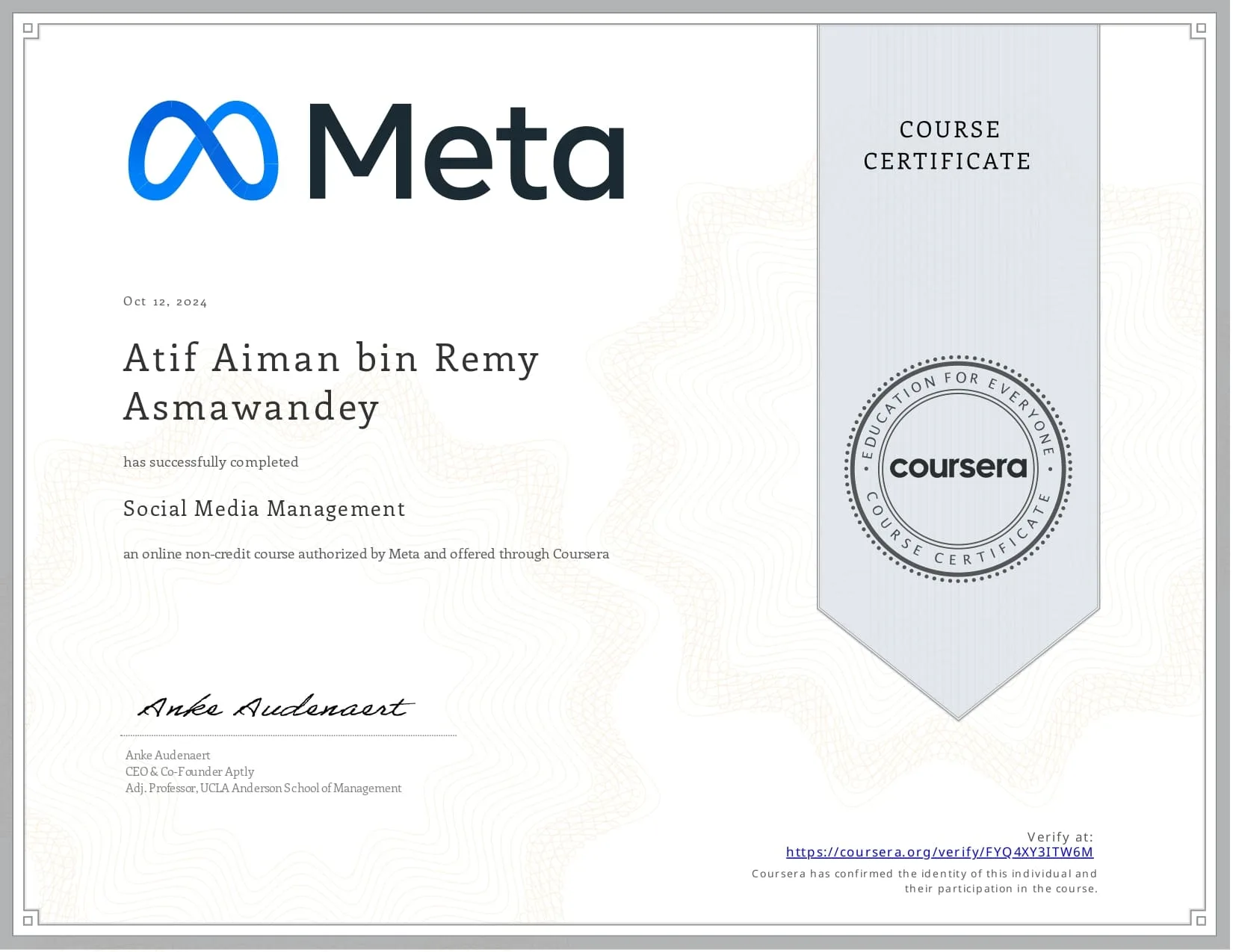Certificate of Social Media Management from Meta